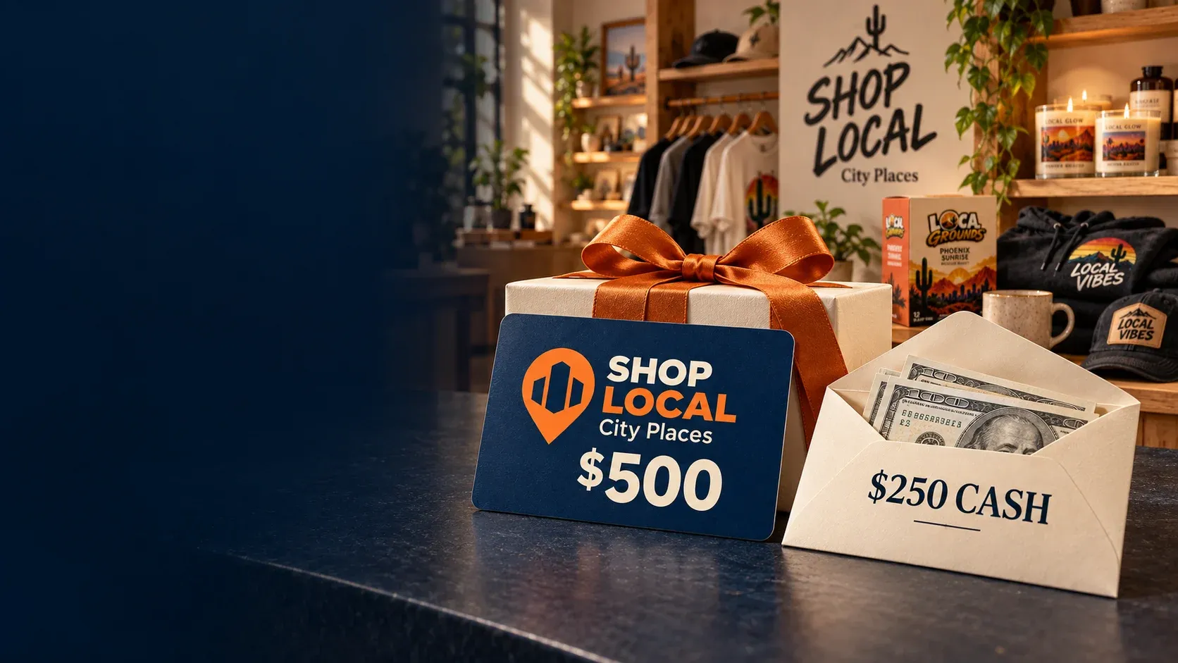 $500 SHOP LOCAL Oklahoma Places gift card and $250 cash envelope in front of a SHOP LOCAL store and product display.
